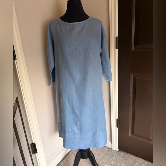 Elegant Light Blue Midi linen shift Dress - Picture 1 of 9